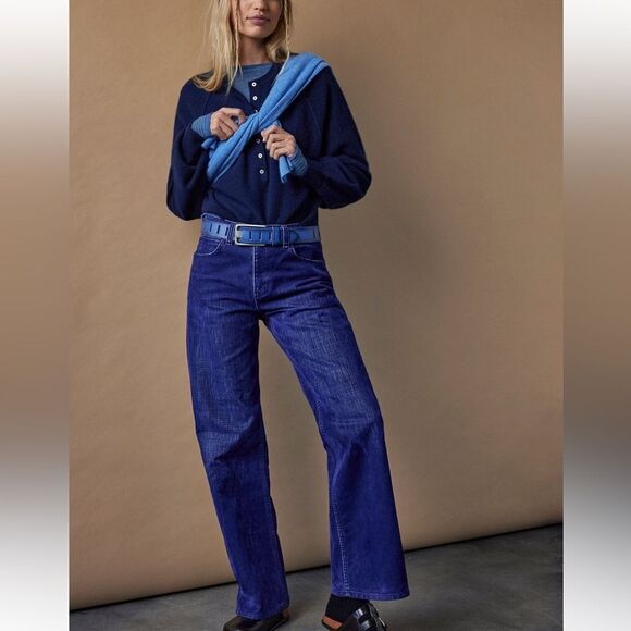 Free People Denim - Free People We the Free Tinsley Baggy High Rise Flocked Jeans Twilight Blue